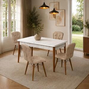 Set masa alba extensibila cu 6 scaune tapitate maro Homs Cristal 170 x 80 cm, picioare lemn