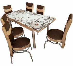 Set masa extensibila cu 6 scaune Precious Moments , maro/crem,, 170x80x70 cm, blat sticla securizata, scaune piele eco, cod produs pcmm