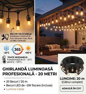 Ghirlanda luminoasa, 20M lungime cu 20 Becuri, Interconectabile, Lumina Calda, alimentare priza 220v