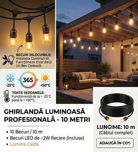 Ghirlanda luminoasa, GL-10M, 10M lungime cu 10 Becuri, Interconectabile, Lumina Calda