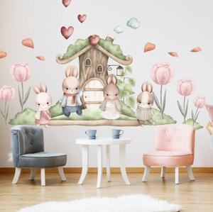 INSPIO-Autocolant textil - Abtibild perete - Iepurași și casa din pădure
