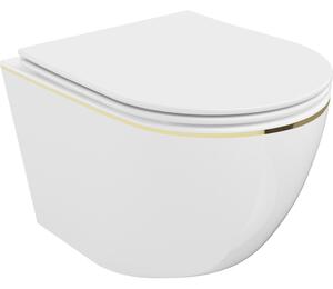 Mexen Lena vas de toaletă Rimless cu capac slim cu închidere lentă, duroplast, Albă/aurie linii - 30224005
