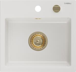 Mexen Milo chiuvetă de granit cu 1 compartiment 435 x 410 mm, Albă, sifon Auriu - 6505441000-20-G