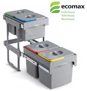 Cos gunoi incorporabil Ecomax Tandem Short 40, colectare selectiva, gri, 2 x 15 l + 2 x 12 l