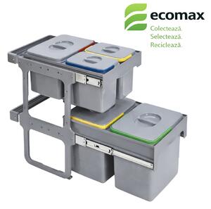 Cos gunoi incorporabil Ecomax Tandem Short 40, colectare selectiva, gri, 2 x 15 l + 1 x 12 l + 2 x 5 l