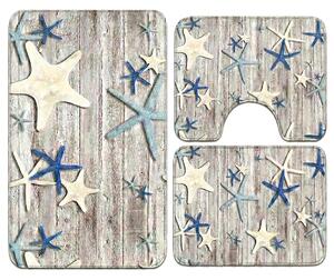 Set covoare baie antiderapante, 3 piese, model marin cu stele de mare