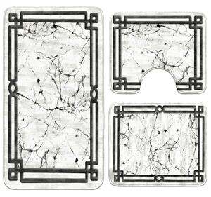 Set covoare baie antiderapante, 3 piese, design marmura cu rama decorativa