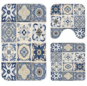 Set covoare baie antiderapante, 3 piese, model ceramic decorativ