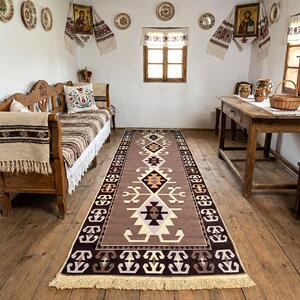 Traversa hol tesuta traditional, 80x300 cm, 2 fete, romburi kilim, maro cu bej