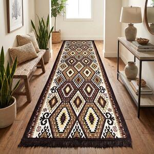 Traversa hol tesuta traditional, 80x300 cm, 2 fete, geometric, maro cu bej