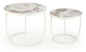 Set 2 masute cafea INES, bej cu efect de marmura/alb, ceramica/metal