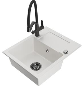 Mexen Enzo chiuvetă de granit cu un compartiment, cu picurător și baterie de bucătărie Duo, Albă - 6506-20-671701-70-B