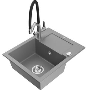 Mexen Enzo chiuvetă de granit cu un compartiment, cu picurător și baterie de bucătărie Duo, Gri - 6506-71-671701-07