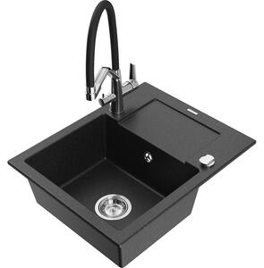 Mexen Enzo chiuvetă de granit cu o cuvă și picurător, baterie de bucătărie Duo, negru/argintiu metalizat - 6506-73-671701-07