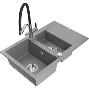 Mexen Gaspar Chiuvetă de granit de 1,5 compartiment cu picurător și baterie de bucătărie Duo, Gri - 6507-71-671701-07