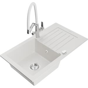 Mexen Pablo chiuvetă de granit cu un compartiment, cu picurător și baterie de bucătărie Duo, Albă - 6510-20-671701-02