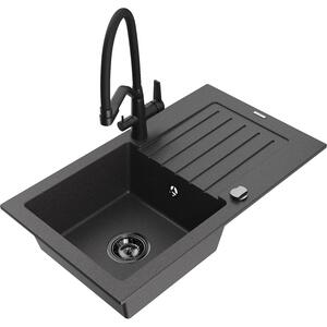 Mexen Pablo chiuvetă de bucătărie din granit cu 1 cuvă și picurător și baterie de bucătărie Duo, negru cu stropi - 6510-76-67170
