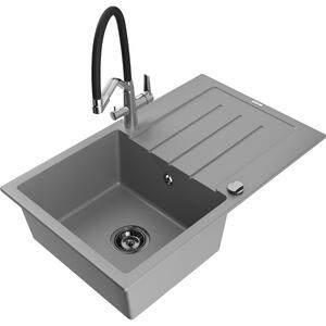 Mexen Bruno chiuvetă de granit cu un compartiment, cu picurător și baterie de bucătărie Duo, Gri - 6513-71-671701-07-B