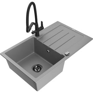 Mexen Bruno chiuvetă de granit cu un compartiment, cu picurător și baterie de bucătărie Duo, Gri - 6513-71-671701-70-B