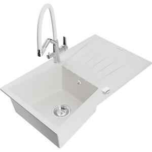 Mexen Cesar chiuvetă de granit cu un compartiment, cu picurător și baterie de bucătărie Duo, Albă - 6514-20-671701-02