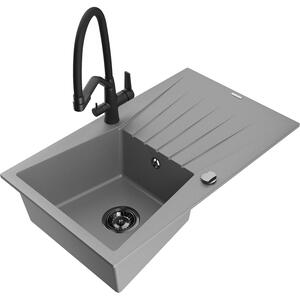 Mexen Cesar chiuvetă de granit cu un compartiment, cu picurător și baterie de bucătărie Duo, Gri - 6514-71-671701-70-B