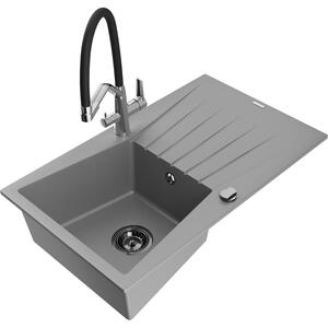 Mexen Cesar chiuvetă de granit cu un compartiment, cu picurător și baterie de bucătărie Duo, Gri - 6514-71-671701-07-B