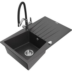 Mexen Cesar chiuvetă de granit cu un compartiment, cu picurător și baterie de bucătărie Duo, Negru cu picățele - 6514-76-671701-