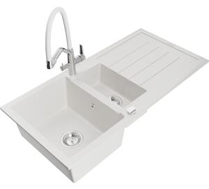 Mexen Andres Chiuvetă de granit de 1,5 compartiment cu picurător și baterie de bucătărie Duo, Albă - 6515-20-671701-02