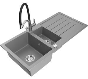 Mexen Andres Chiuvetă de granit de 1,5 compartiment cu picurător și baterie de bucătărie Duo, Gri - 6515-71-671701-07