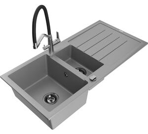 Mexen Andres Chiuvetă de granit de 1,5 compartiment cu picurător și baterie de bucătărie Duo, Gri - 6515-71-671701-07-B