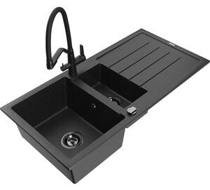 Mexen Andres chiuvetă din granit cu 1,5 cuve și scurgător și baterie de bucătărie Duo, negru/argintiu - 6515-73-671701-70-B
