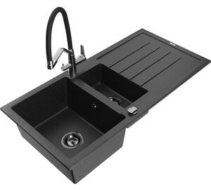 Mexen Andres chiuvetă din granit cu 1,5 cuve și scurgător și baterie de bucătărie Duo, negru/argintiu - 6515-73-671701-07-B