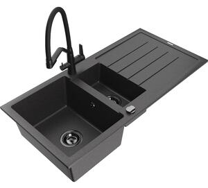 Mexen Andres chiuvetă de granit 1,5-camere cu scurgător și baterie de bucătărie Duo, negru pătat - 6515-76-671701-70-B