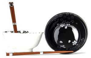 Set 2 boluri din ceramică și bețișoare MIJ Sakura, alb-negru