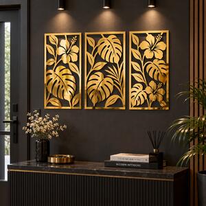 Set 3 decorațiuni de perete Eleganță Tropicală – Plexiglas Oglindă Auriu, 20 × 40 cm | NOOT