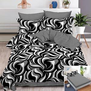 Lenjerie de pat, 2 persoane, finet, 6 piese, cu elastic, alb negru gri, imprimeu tip zebra, LEL294