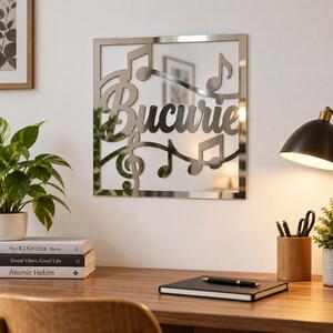 Oglindă decorativă Bucurie cu note muzicale – Plexiglas argintiu, 24 x 24 cm | NOOT