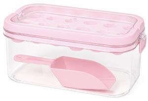 Set Pufo Ice pentru cuburi de gheata, cutie cu capac, lopatica si tava din silicon, roz