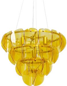 Lustra de culoare aurie, fabricat din oțel și sticlă, cu abajur galben, în stil glamour, cu o lățime de 60 cm și o înălțime de 150 cm, finisaj nichelat