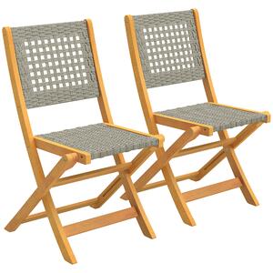 Outsunny Set de 2 Scaune de Grădină din Ratan PE, Scaune Pliabile de Exterior, Structură din Lemn de Salcâm, pentru Balcon, Terasă, Suport până la 160 kg, Gri | Aosom Romania