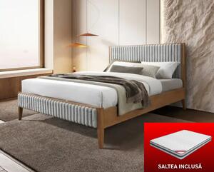 Set pat tapitat din lemn Siera cu saltea ortopedica de 140x200 inclusa, somiera fixa, culoare Gri