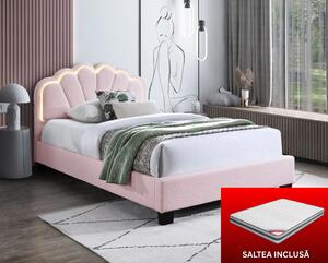 Set pat tapitat Comfort 2 cu LED cu saltea inclusa, cadru din lemn cu somiera fixa, culoare Roz