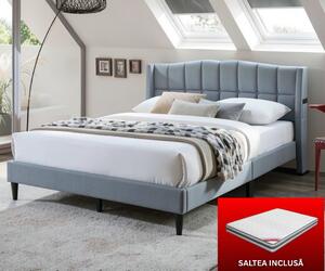 Set pat tapitat Maya + saltea ortopedica inclusa, cadru din lemn cu somiera inclusa