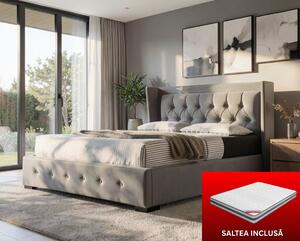 Set pat tapitat Roma cu saltea ortopedica 160x200cm, cadru din lemn, somiera inclusa, culoare Gri