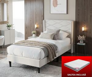Set pat tapitat Maya + saltea ortopedica inclusa, cadru din lemn cu somiera inclusa