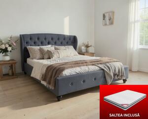 Set pat Tapitat Continental cu saltea ortopedica 160x200 cm, cadru din lemn cu somiera fixa, Culoare Gri