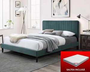 Set pat tapitat Emerald cu saltea ortopedica, cadru din lemn cu somiera fixa, catifea verde