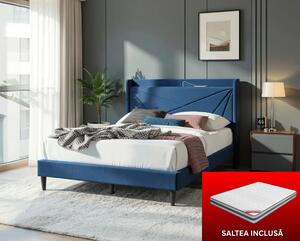 Set pat tapitat Maya 3 cu saltea ortopedica 140x200, cu port de incarcare USB+type C, 2 prize, cu somiera fixa, culoare Albastru