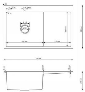 Erga HD, chiuvetă din oțel cu 1 cameră 780x490x210 mm, stânga, auriu, ERG-MLS-HD7849LG
