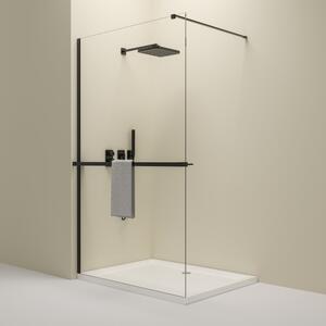 Erga Paris, cabină de duș 60x200 cm cu poliță și suport pentru prosoape, sticlă transparentă 8 mm, profil negru, ERG-V02-PARIS-060x200-CL-BK-BAR
